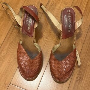 Vintage 1970’s Made In Brazil Brown Woven Leather Slingback Sandals